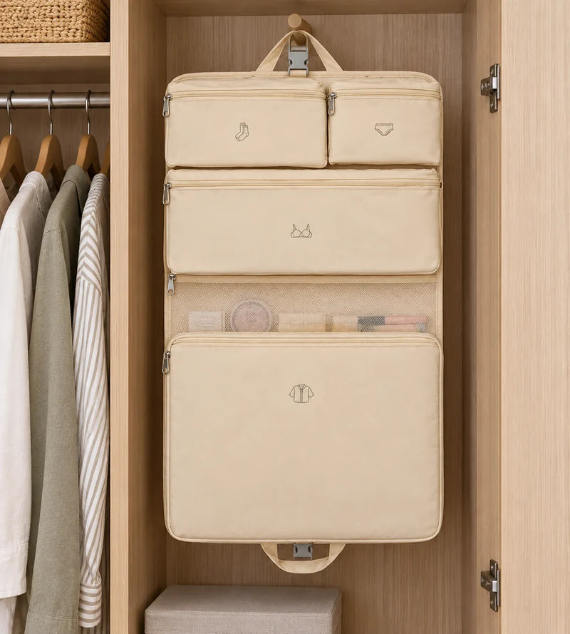 Beige organiser opened to show its compartments in a wardrobe.