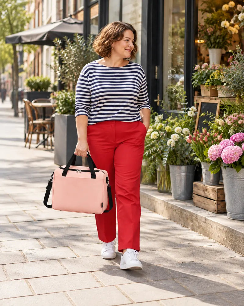 Woman carrying a pink holdall past a neighbourhood florist.