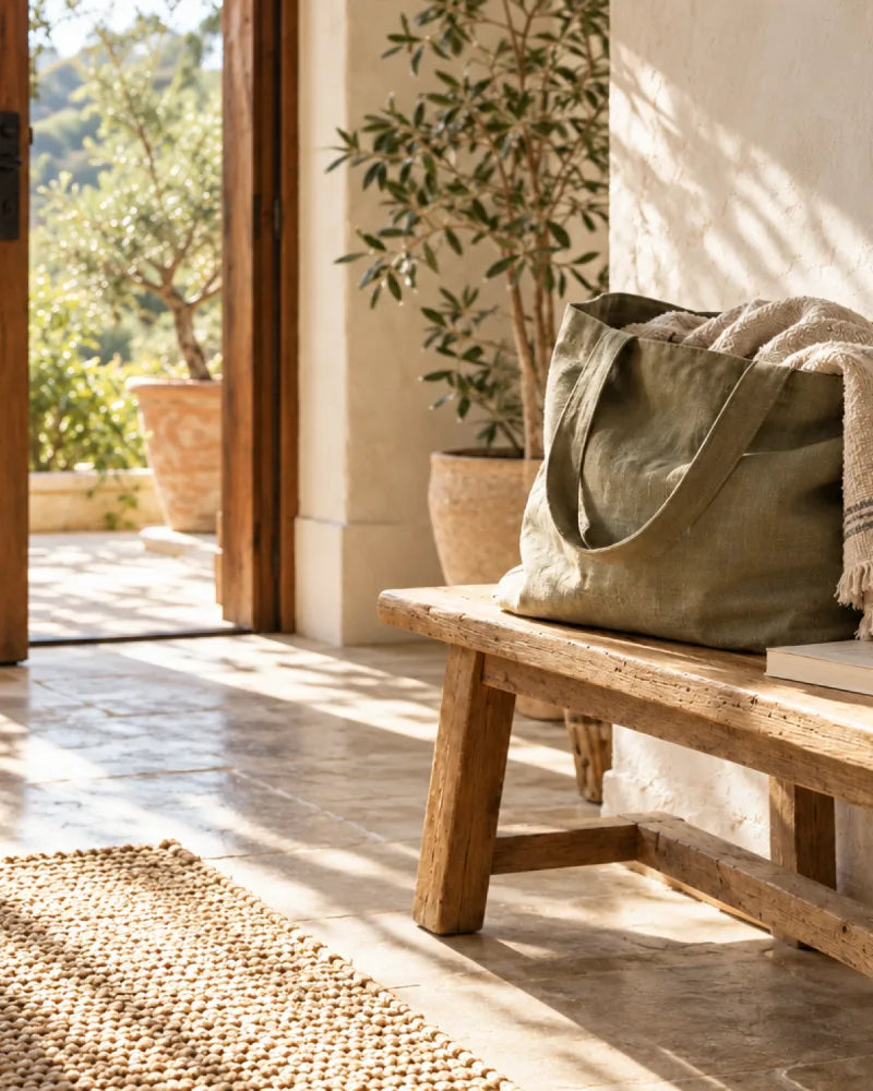 Linen tote and folded throw beside a sunlit doorway