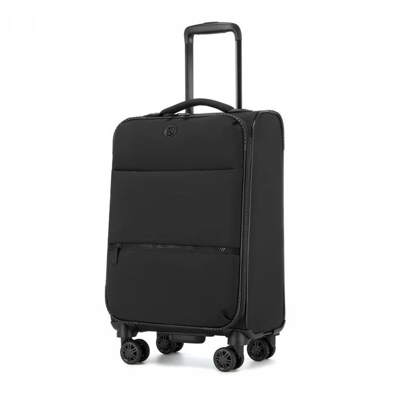 Black soft-shell cabin suitcase with an extended trolley handle and four spinner wheels