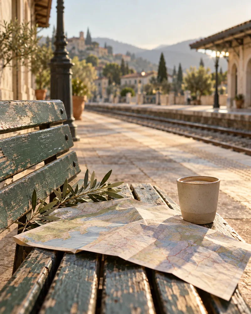 Paper map and ceramic cup on a sunlit railway platform bench
