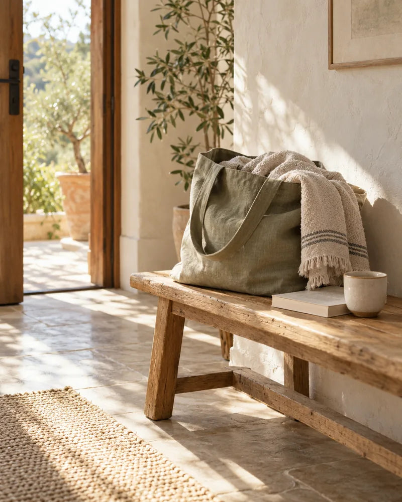 Sunlit entryway with a linen tote, throw and ceramic cup